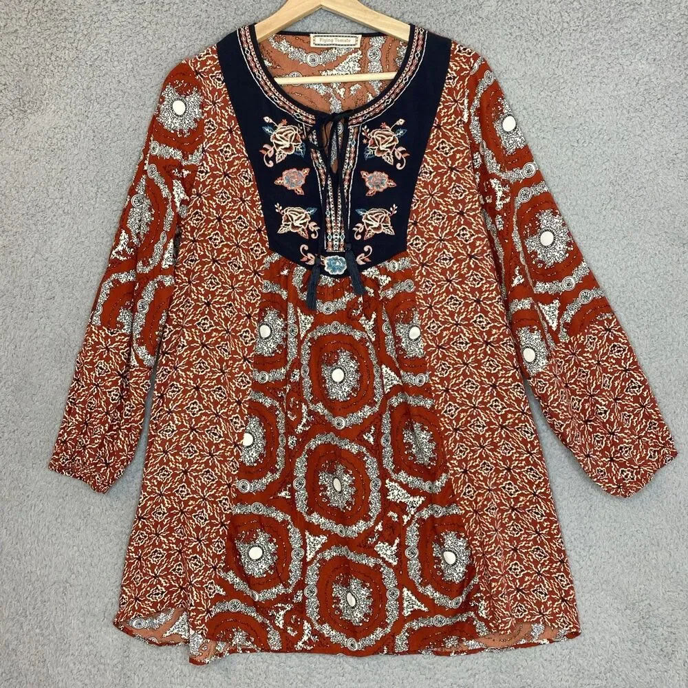 Flying Tomato Boho Patchwork Prairie Embroidered Tunic Top Mini Dress Size Large